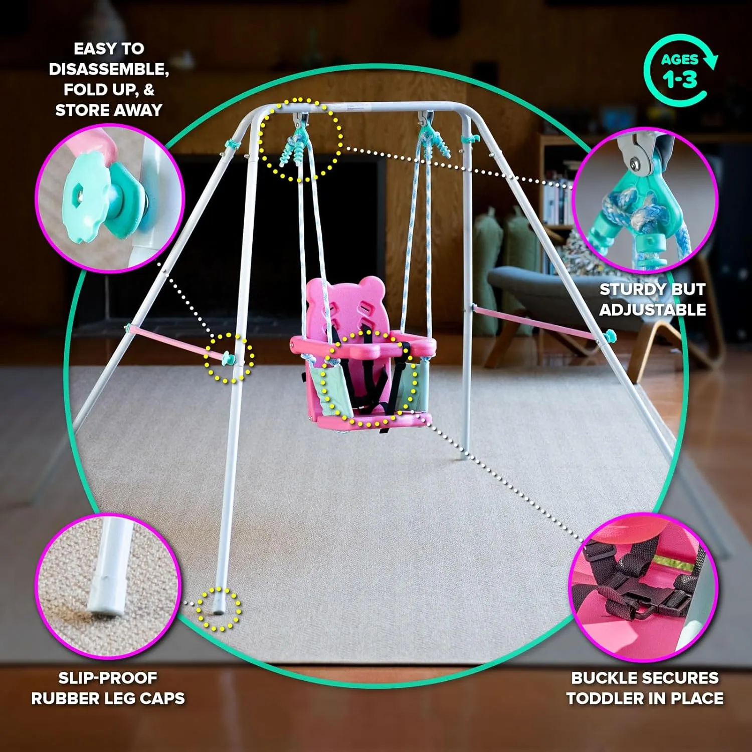 Sportspower FNS-003 My 1st Toddler Swing: Heavy-Duty Baby Indoor/Outdoor Swing Set with Safety Harness, Capacity - 50 lbs and Ages 9-36 Months, Pink/Pale Green