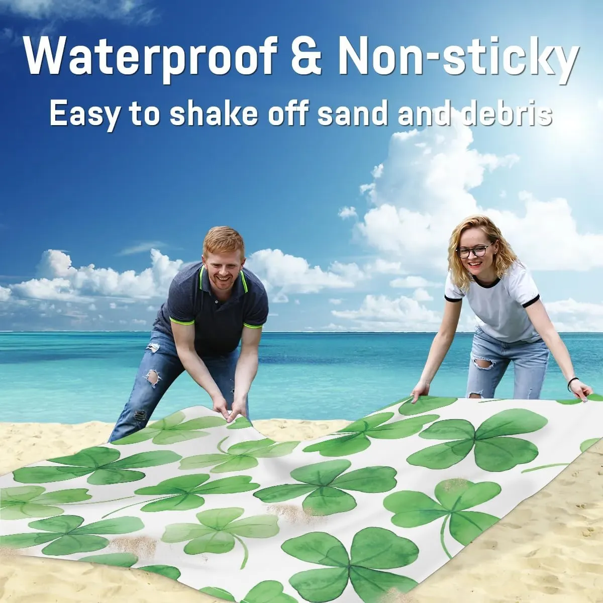 St Patricks Day Beach Blanket, Sandproof Beach Mat, 68 x 59 Waterproof Quick Drying Sand Free Mat with 4 x Ground Spikes for Outdoor Travel Camping Hiking, Shamrocks