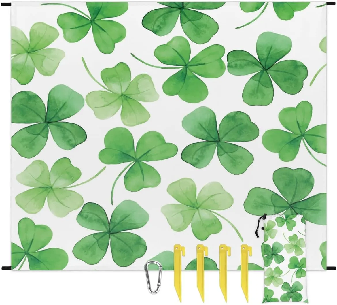St Patricks Day Beach Blanket, Sandproof Beach Mat, 68 x 59 Waterproof Quick Drying Sand Free Mat with 4 x Ground Spikes for Outdoor Travel Camping Hiking, Shamrocks