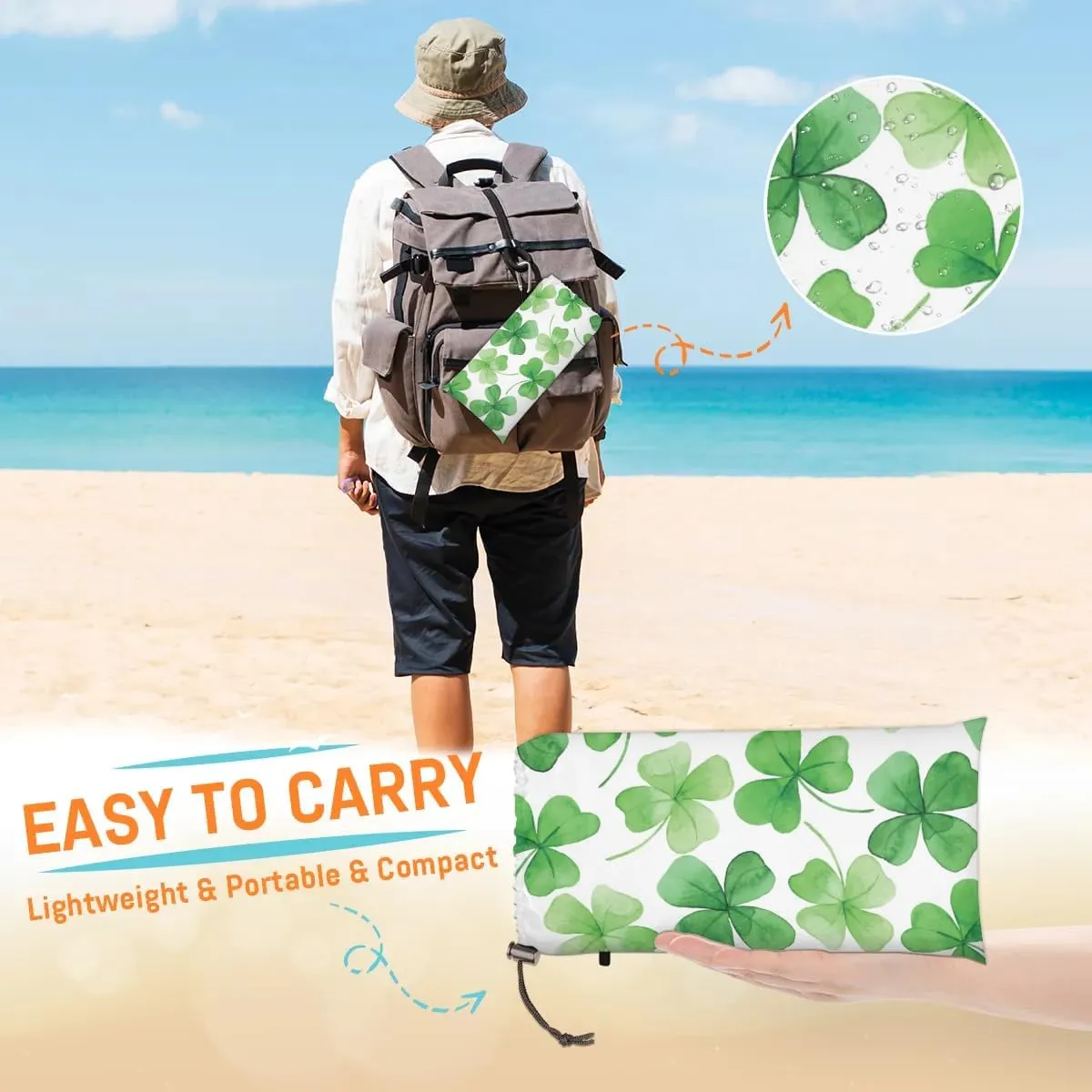 St Patricks Day Beach Blanket, Sandproof Beach Mat, 68 x 59 Waterproof Quick Drying Sand Free Mat with 4 x Ground Spikes for Outdoor Travel Camping Hiking, Shamrocks