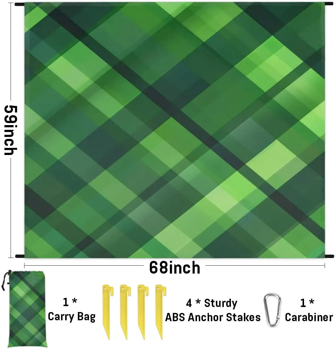 St Patricks Day Beach Blanket, Sandproof Beach Mat, Adults Waterproof Quick Drying Sand Free Mat with 4 x Ground Spikes for Outdoor Travel Camping Hiking, Green Plaid