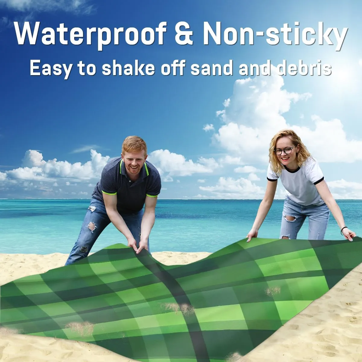 St Patricks Day Beach Blanket, Sandproof Beach Mat, Adults Waterproof Quick Drying Sand Free Mat with 4 x Ground Spikes for Outdoor Travel Camping Hiking, Green Plaid