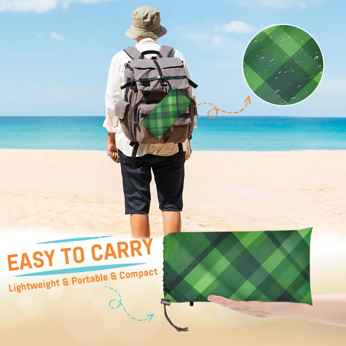 St Patricks Day Beach Blanket, Sandproof Beach Mat, Adults Waterproof Quick Drying Sand Free Mat with 4 x Ground Spikes for Outdoor Travel Camping Hiking, Green Plaid