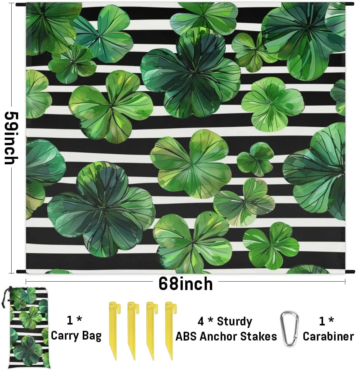 St Patricks Day Beach Blanket, Sandproof Beach Mat, Adults Waterproof Quick Drying Sand Free Mat with 4 x Ground Spikes for Outdoor Travel Camping Hiking, Shamrock Clover Leaves