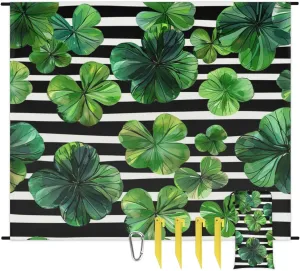 St Patricks Day Beach Blanket, Sandproof Beach Mat, Adults Waterproof Quick Drying Sand Free Mat with 4 x Ground Spikes for Outdoor Travel Camping Hiking, Shamrock Clover Leaves