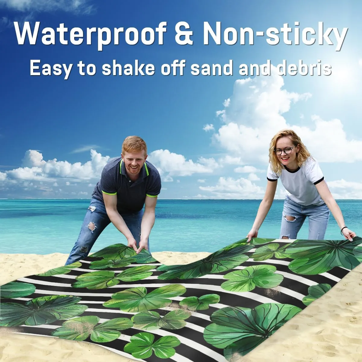 St Patricks Day Beach Blanket, Sandproof Beach Mat, Adults Waterproof Quick Drying Sand Free Mat with 4 x Ground Spikes for Outdoor Travel Camping Hiking, Shamrock Clover Leaves