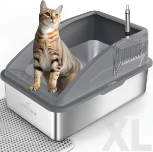 Stainless Steel Cat Litter Box with Lid | XL Extra Large Litter Box for Big Cats | Metal Litter Boxs High Sided | Enclosed Anti-Urine Leakage, Include Litter Mat and All-Metal Litter Scoop