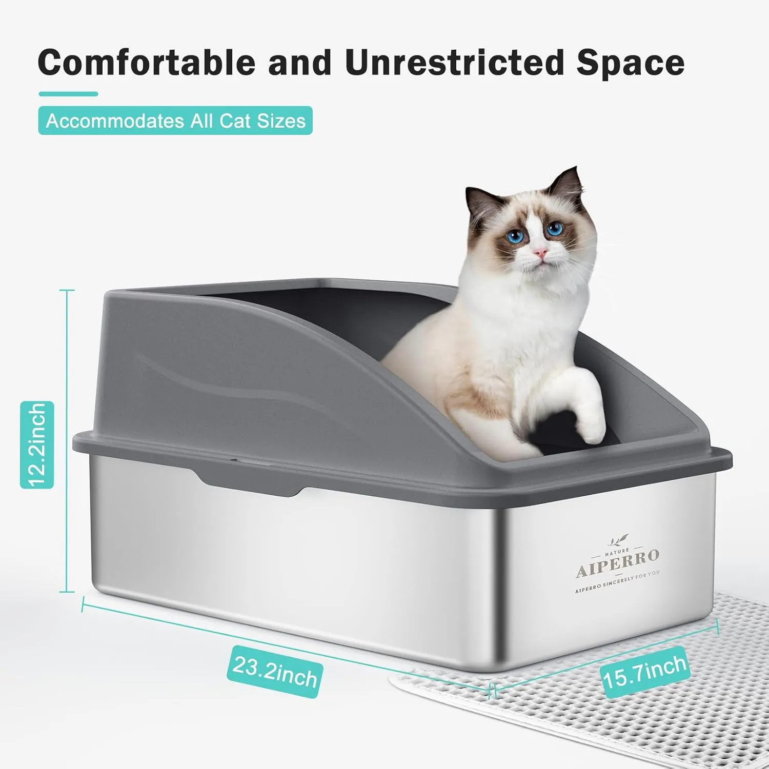 Stainless Steel Cat Litter Box with Lid | XL Extra Large Litter Box for Big Cats | Metal Litter Boxs High Sided | Enclosed Anti-Urine Leakage, Include Litter Mat and All-Metal Litter Scoop