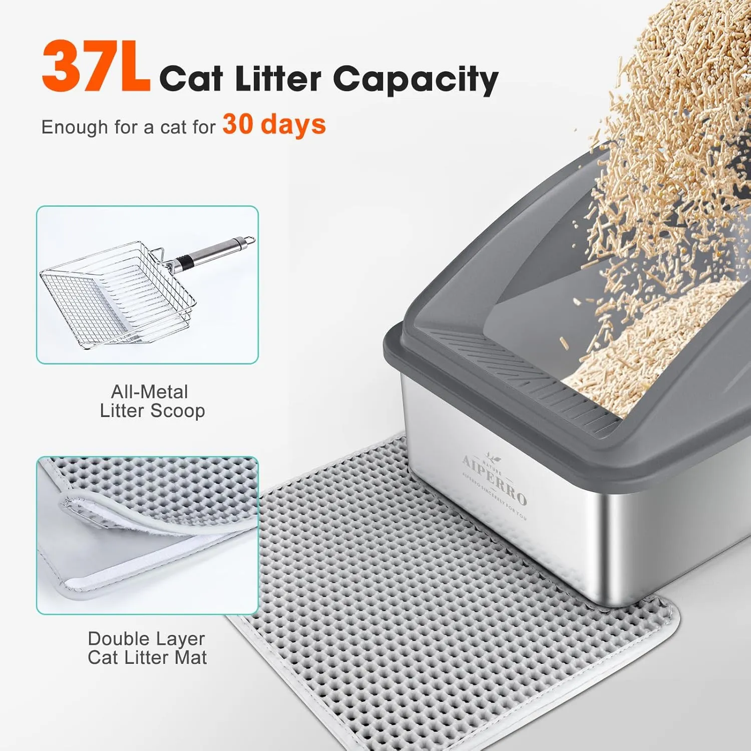 Stainless Steel Cat Litter Box with Lid | XL Extra Large Litter Box for Big Cats | Metal Litter Boxs High Sided | Enclosed Anti-Urine Leakage, Include Litter Mat and All-Metal Litter Scoop
