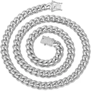 Stainless Steel Cuban Link Chain With Bling CZ Zirconia Triple Lock Necklace 12&14mm Hiphop Men Jewelry (Steel Color width 12mm-24inch)
