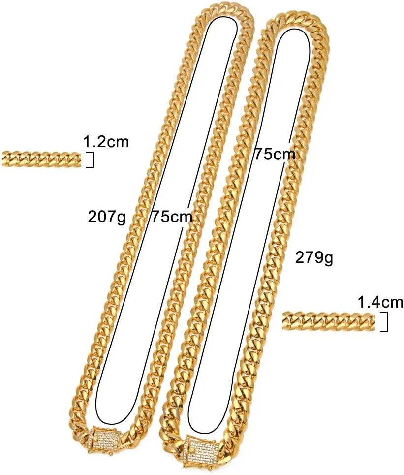Stainless Steel Cuban Link Chain With Bling CZ Zirconia Triple Lock Necklace 12&14mm Hiphop Men Jewelry (Steel Color width 12mm-24inch)
