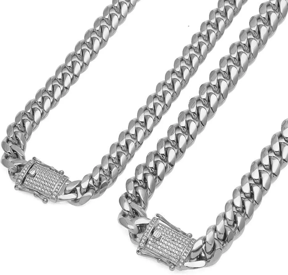 Stainless Steel Cuban Link Chain With Bling CZ Zirconia Triple Lock Necklace 12&14mm Hiphop Men Jewelry (Steel Color width 12mm-24inch)