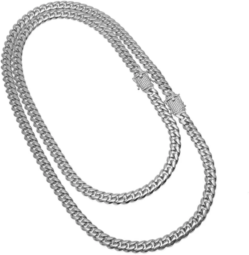 Stainless Steel Cuban Link Chain With Bling CZ Zirconia Triple Lock Necklace 12&14mm Hiphop Men Jewelry (Steel Color width 12mm-24inch)