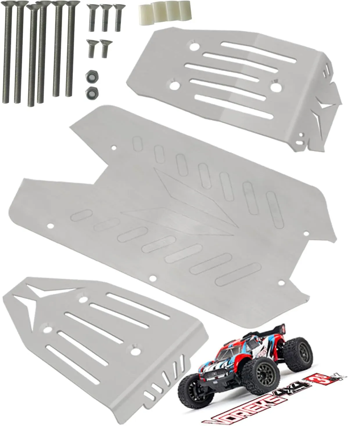 Stainless Steel Front Center Rear Chassis Armor Skid Plate Set for 1/10 Arrma Vorteks 4x4 3S Blx 4WD,RC Upgrades Part Front Chassis & Center Chassis & Rear Chassis Hop Ups,Silver,Upgrade 2022