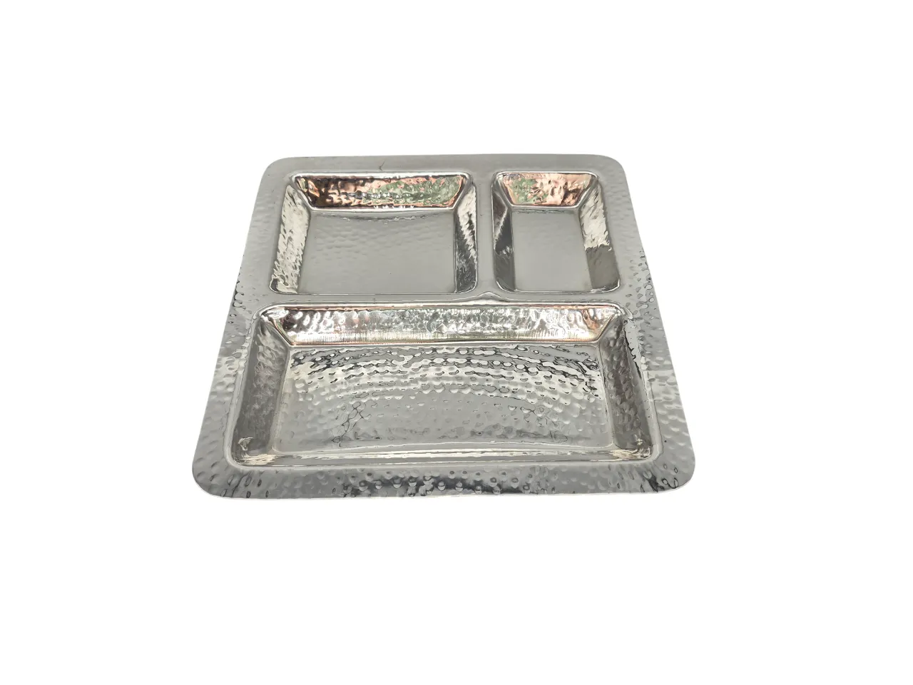 Stainless Steel Hammered 3 Compartment Square Pav Bhaji Plate, 9.5" x 9.5", Heavy Duty