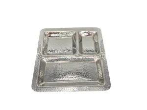 Stainless Steel Hammered 3 Compartment Square Pav Bhaji Plate, 9.5" x 9.5", Heavy Duty
