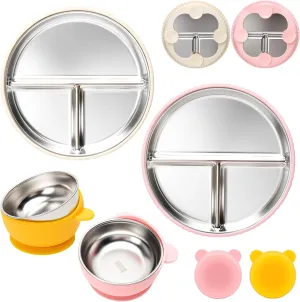Stainless Steel Kids Plates and Bowls with Suction, Divided Baby Plate and Toddler Bowl with Removable Silicone Suction, Non-Slip Baby Feeding Set Dishwasher Safe, 4 Packs
