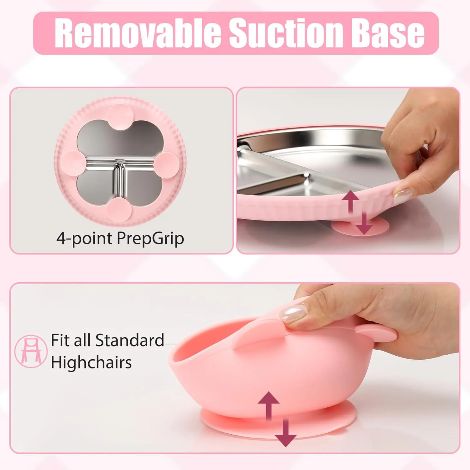 Stainless Steel Kids Plates and Bowls with Suction, Divided Baby Plate and Toddler Bowl with Removable Silicone Suction, Non-Slip Baby Feeding Set Dishwasher Safe, 4 Packs