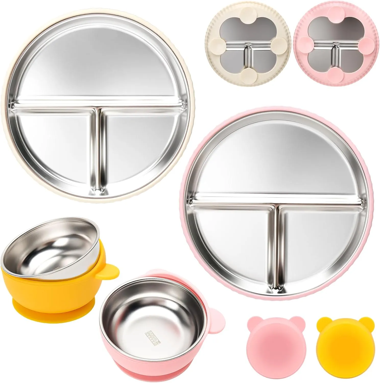 Stainless Steel Kids Plates and Bowls with Suction, Divided Baby Plate and Toddler Bowl with Removable Silicone Suction, Non-Slip Baby Feeding Set Dishwasher Safe, 4 Packs