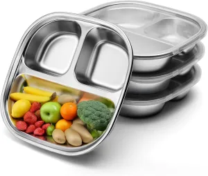 Stainless Steel Kids Plates, Balanced Bites Divided Plate for Toddlers, 3 Compartment Portion Control Tray Dishes, Food Grade, Non-Toxic, Dishwasher Safe, Set of 4