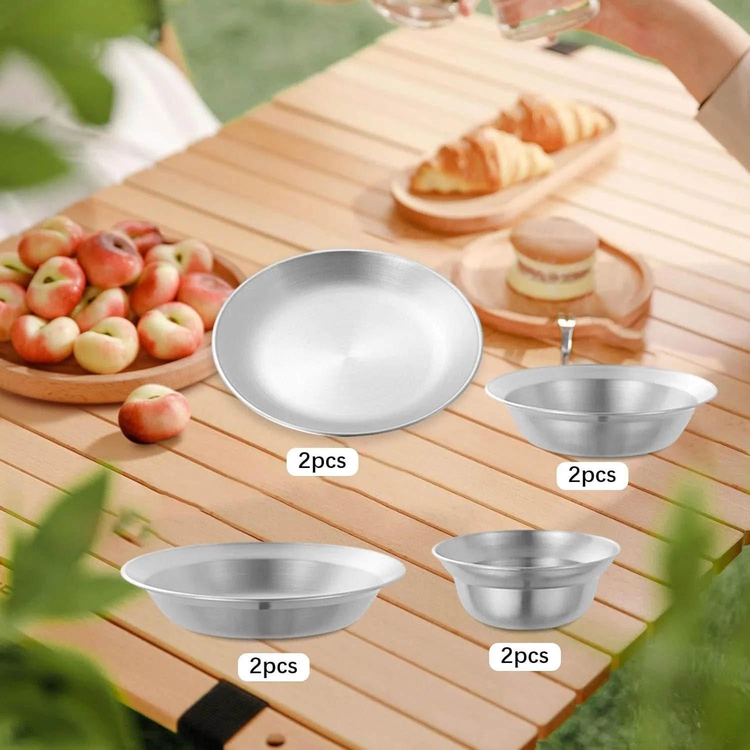 Stainless Steel Plates and Bowls Outdoor Tableware Portable Reusable Camping Utensils Dinnerware Set for RV Apartment Travel, 8PCS Silver