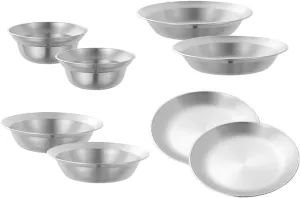 Stainless Steel Plates and Bowls Outdoor Tableware Portable Reusable Camping Utensils Dinnerware Set for RV Apartment Travel, 8PCS Silver