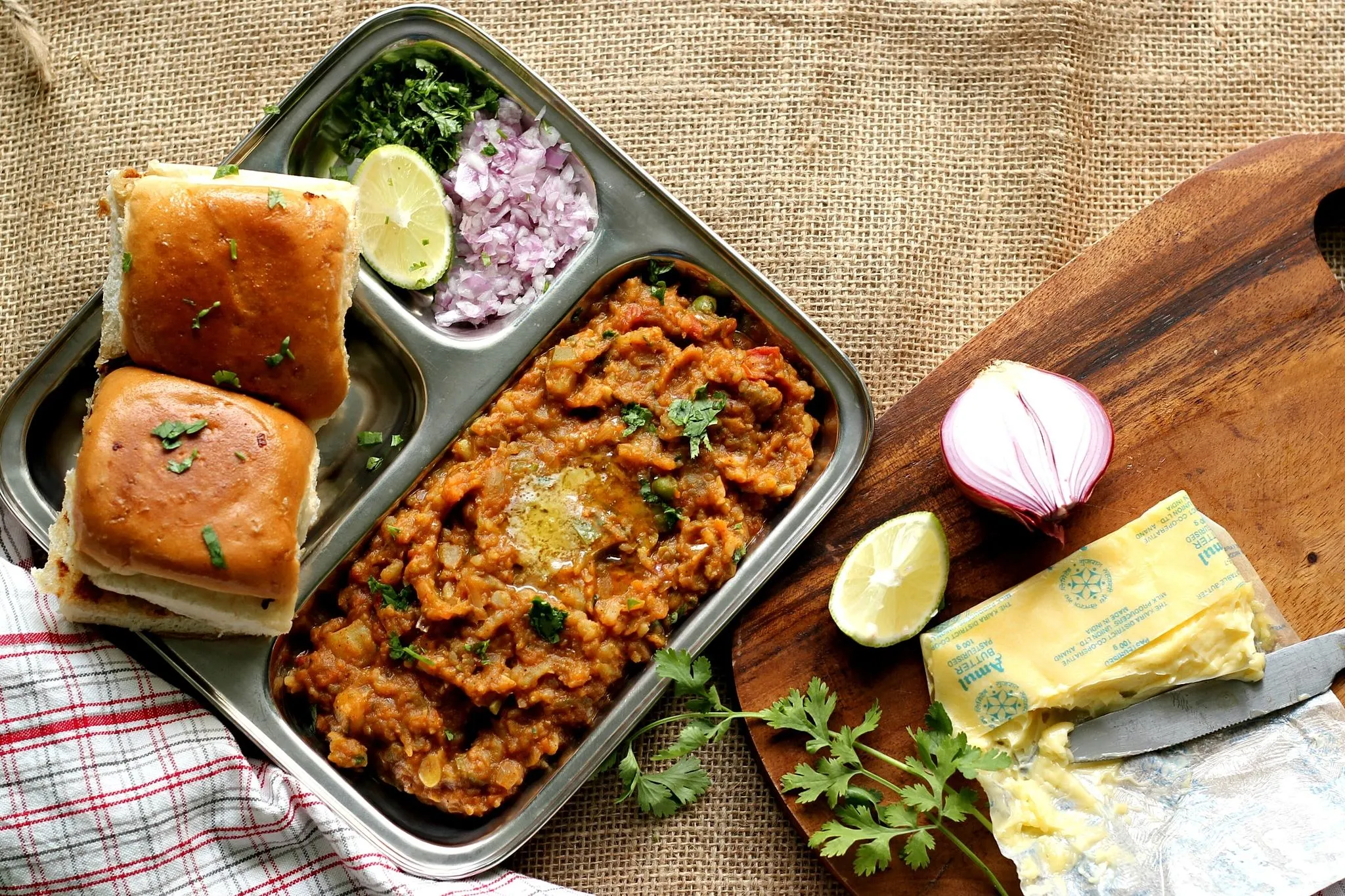 Stainless Steel Square Pav Bhaji Thali Plate, 8.3"