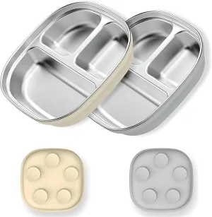 Stainless Steel Toddler Plates with Suction | Non-Slip Divided Baby Plates BPA Free & Non Toxic | Detachable Silicone Base| Dishwasher Safe | Unbreakable Kids Dinnerware 2-pack(yellow   grey)