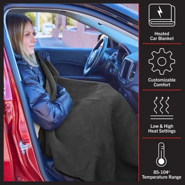 Stalwart Heated Car Blanket - 12V Heated Blanket for Car, Truck, RV or Camping - 59x43” Portable Electric Travel Throw - 2 Heat Levels - Tailgating Essentials (Gray)