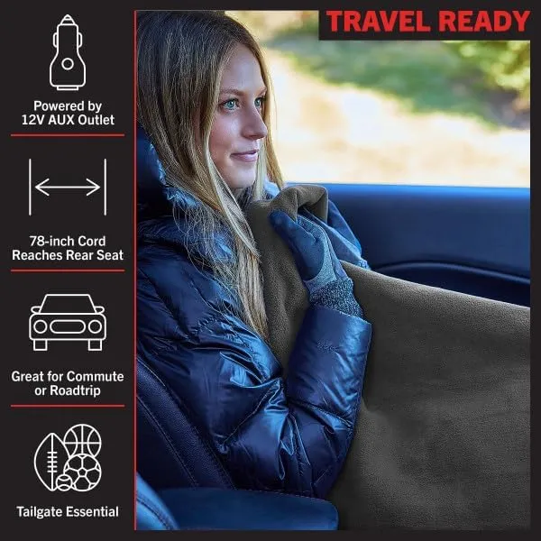 Stalwart Heated Car Blanket - 12V Heated Blanket for Car, Truck, RV or Camping - 59x43” Portable Electric Travel Throw - 2 Heat Levels - Tailgating Essentials (Gray)