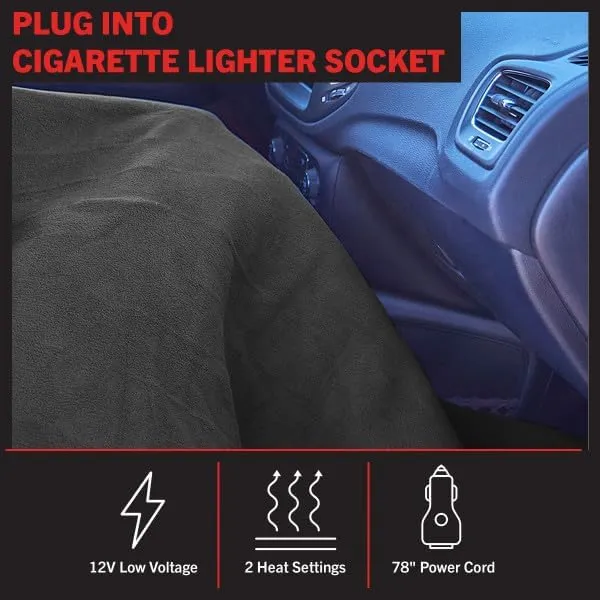 Stalwart Heated Car Blanket - 12V Heated Blanket for Car, Truck, RV or Camping - 59x43” Portable Electric Travel Throw - 2 Heat Levels - Tailgating Essentials (Gray)