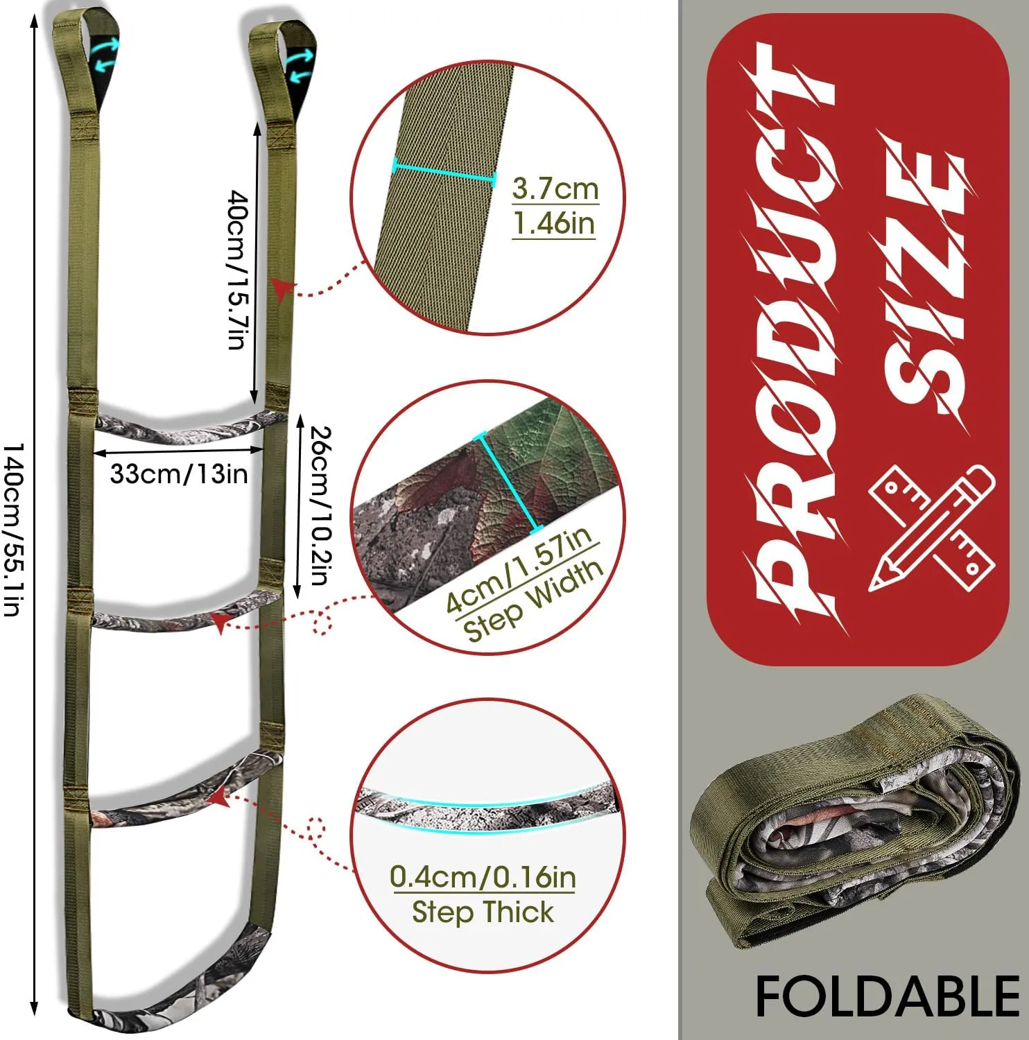Step Climbing Aider,Climbing Stick Aiders for Hunting Rope Ladders Tree Steps Aider Treestand Gear Camo Foot Ascender Step Plate Stands Saddle Hang Strap Climb Sticks Equipment Tool,Thick