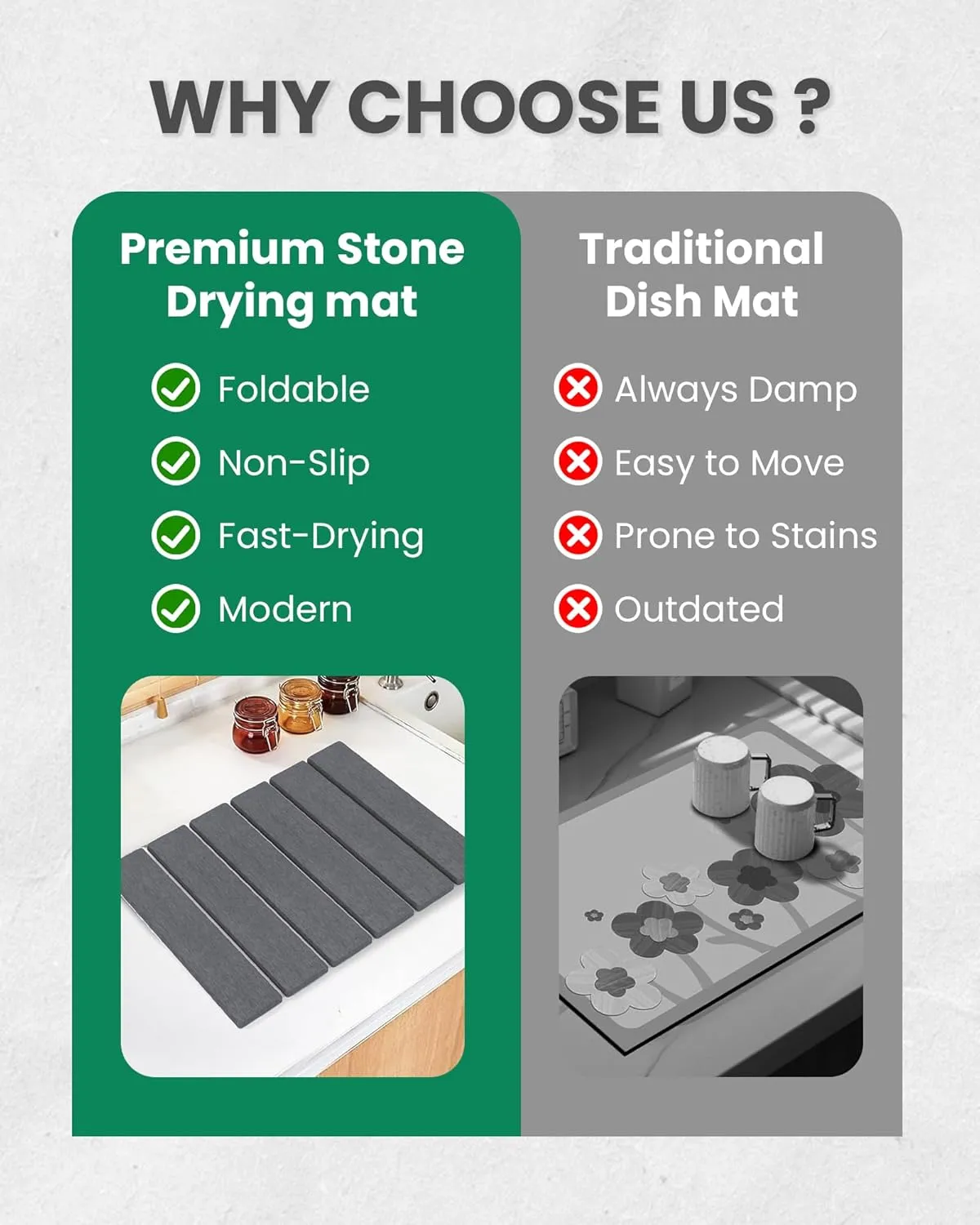 Stone Dish Drying Mats for Kitchen Counter, 16x12 Heat-resistant Quick Dry Collapsible Super Absorbent Diatomaceous Earth Pad for Dishes Bottles Cups, Fits Any Countertop
