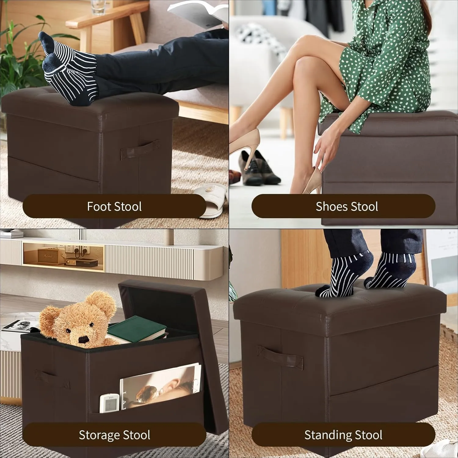 Storage Ottoman Foot Rest Stool, Foldable Leather Footstool Storage Bench with Thicker Foam Padded Seat. Foot Rest Under Desk for Living Room Bedroom 350 lbs, 17x13x13 in, Brown