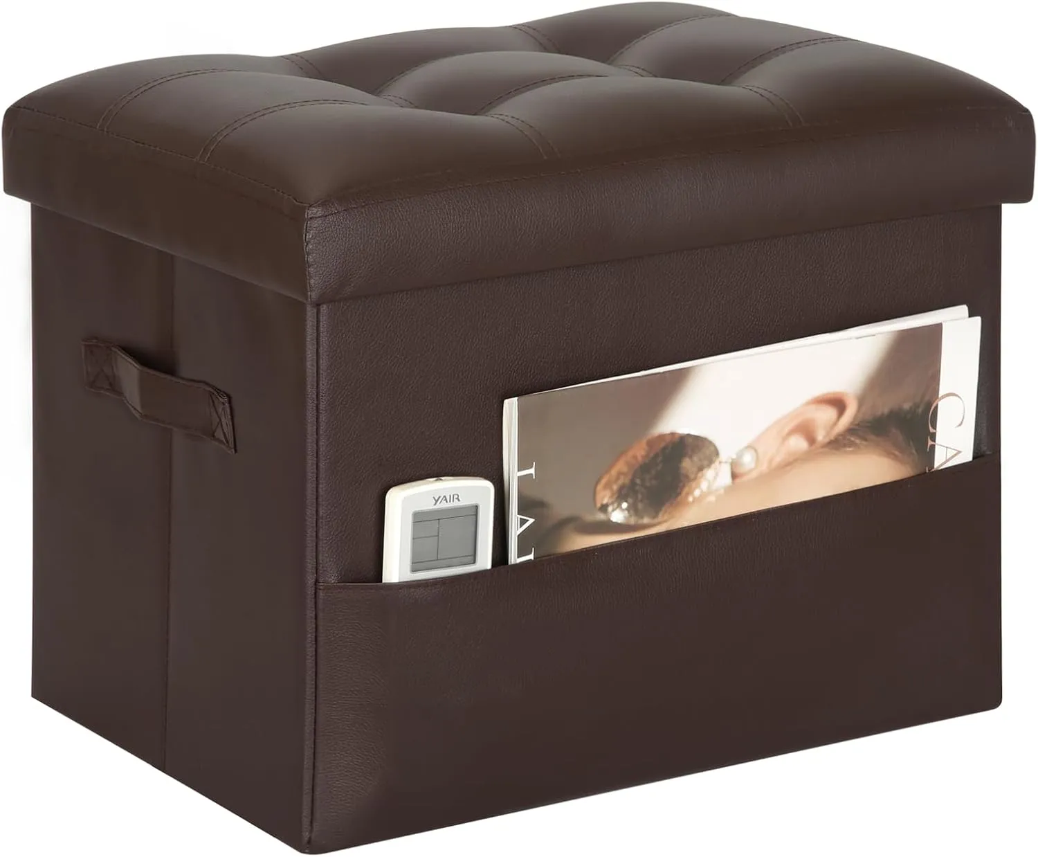 Storage Ottoman Foot Rest Stool, Foldable Leather Footstool Storage Bench with Thicker Foam Padded Seat. Foot Rest Under Desk for Living Room Bedroom 350 lbs, 17x13x13 in, Brown