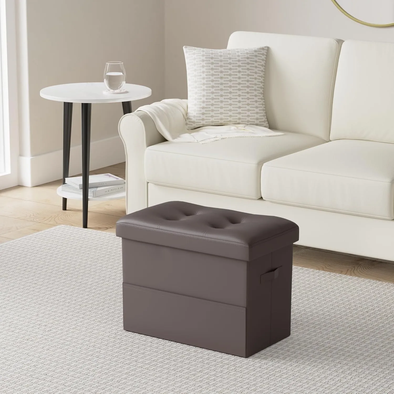 Storage Ottoman Foot Rest Stool, Foldable Leather Footstool Storage Bench with Thicker Foam Padded Seat. Foot Rest Under Desk for Living Room Bedroom 350 lbs, 17x13x13 in, Brown