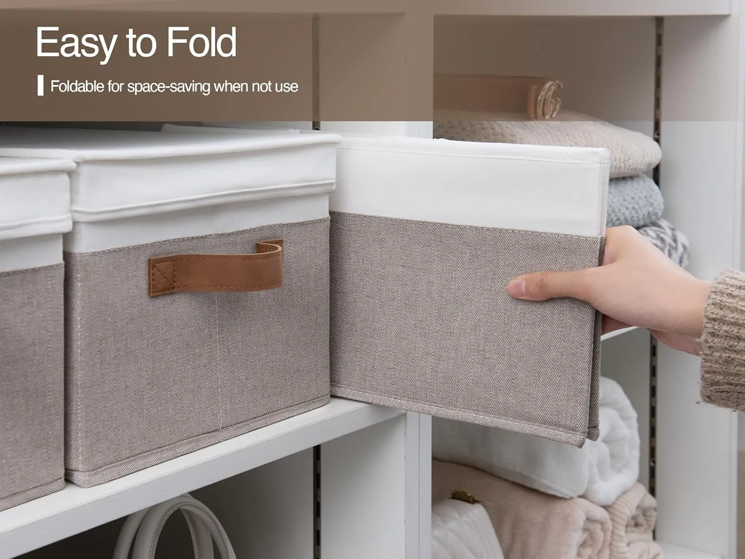 StorageWorks Multipurpose Storage Bins with Lids, Foldable Closet Basket with PU Sewn Handles, Decorative Boxes, Brown and White, Large, 3-Pack
