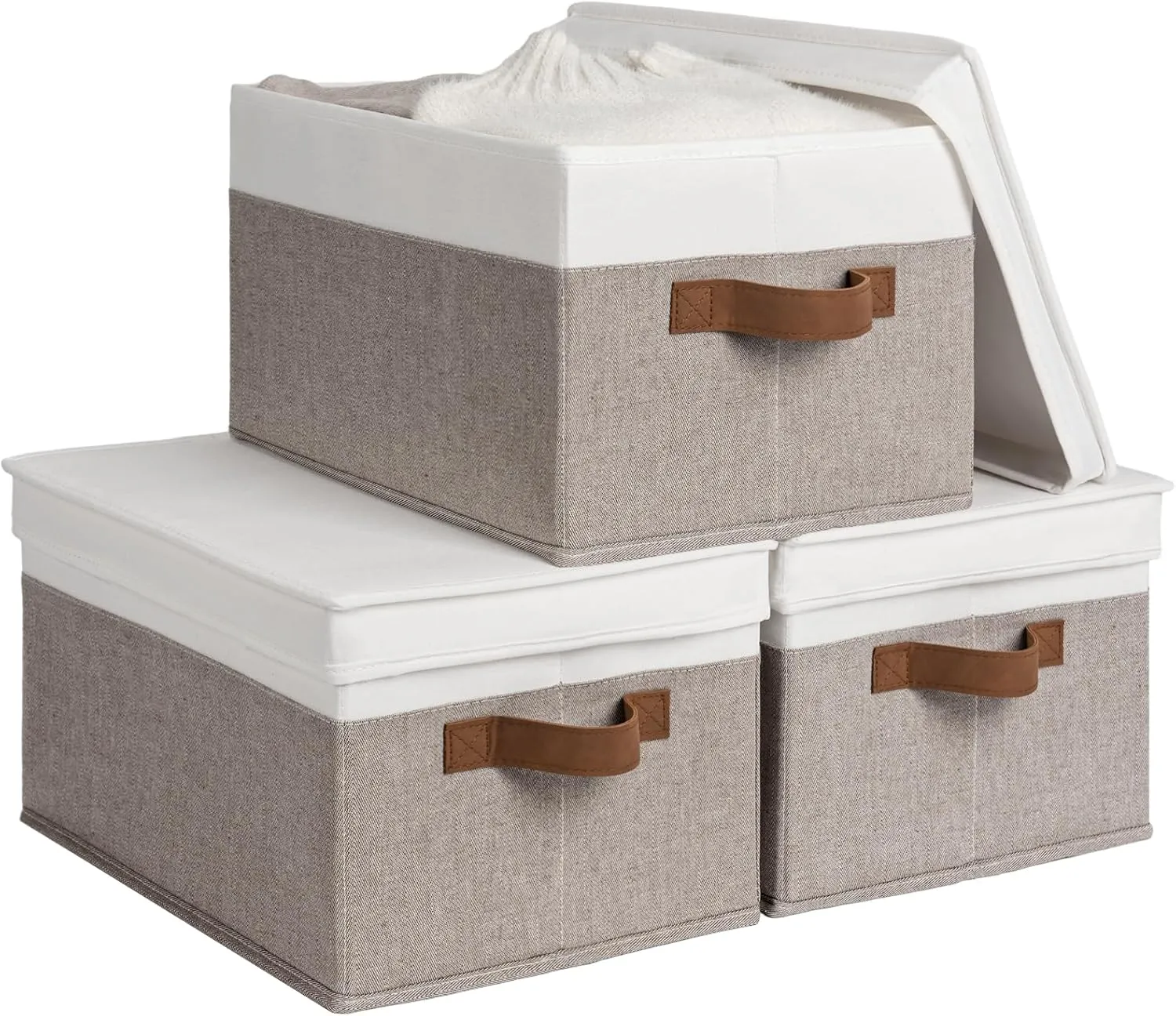 StorageWorks Multipurpose Storage Bins with Lids, Foldable Closet Basket with PU Sewn Handles, Decorative Boxes, Brown and White, Large, 3-Pack