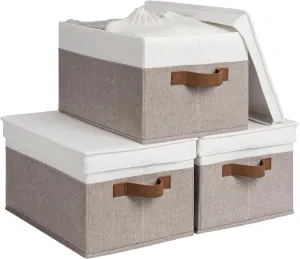 StorageWorks Multipurpose Storage Bins with Lids, Foldable Closet Basket with PU Sewn Handles, Decorative Boxes, Brown and White, Large, 3-Pack
