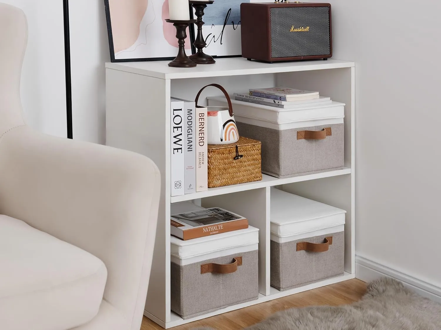 StorageWorks Multipurpose Storage Bins with Lids, Foldable Closet Basket with PU Sewn Handles, Decorative Boxes, Brown and White, Large, 3-Pack