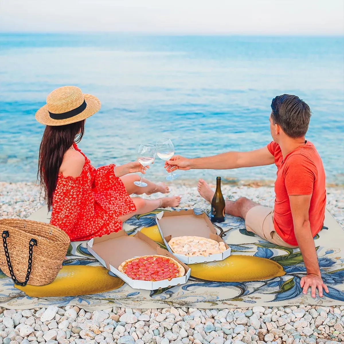 Summer Lemon Beach Blanket, Sandproof Beach Mat, 68 x 59 Waterproof Quick Drying Sand Free Mat with 4 x Ground Spikes for Outdoor Travel Camping Hiking, Lemon Fruit Floral
