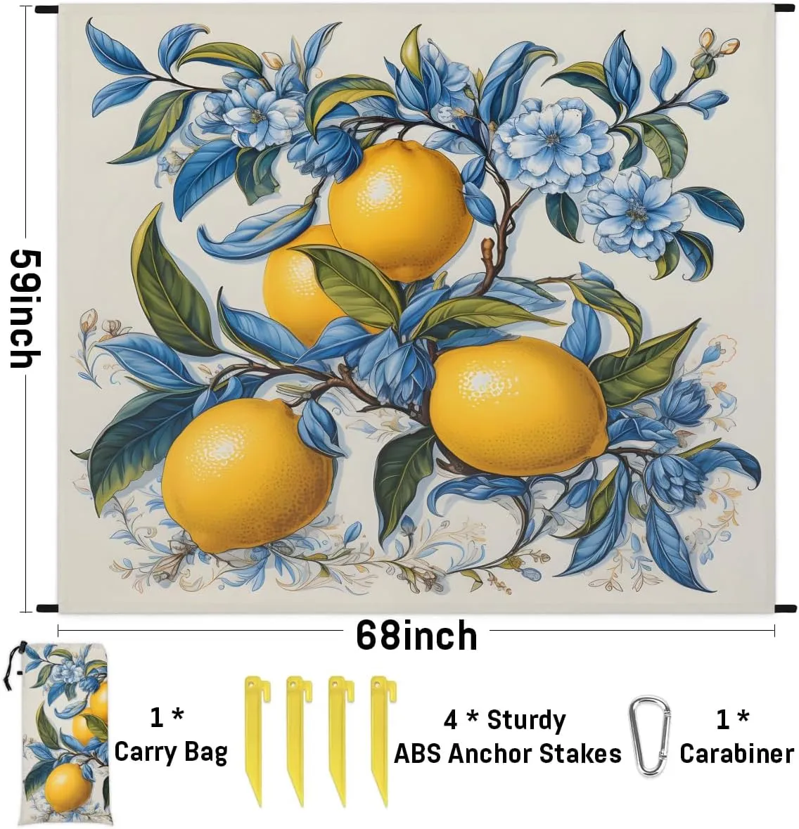 Summer Lemon Beach Blanket, Sandproof Beach Mat, 68 x 59 Waterproof Quick Drying Sand Free Mat with 4 x Ground Spikes for Outdoor Travel Camping Hiking, Lemon Fruit Floral