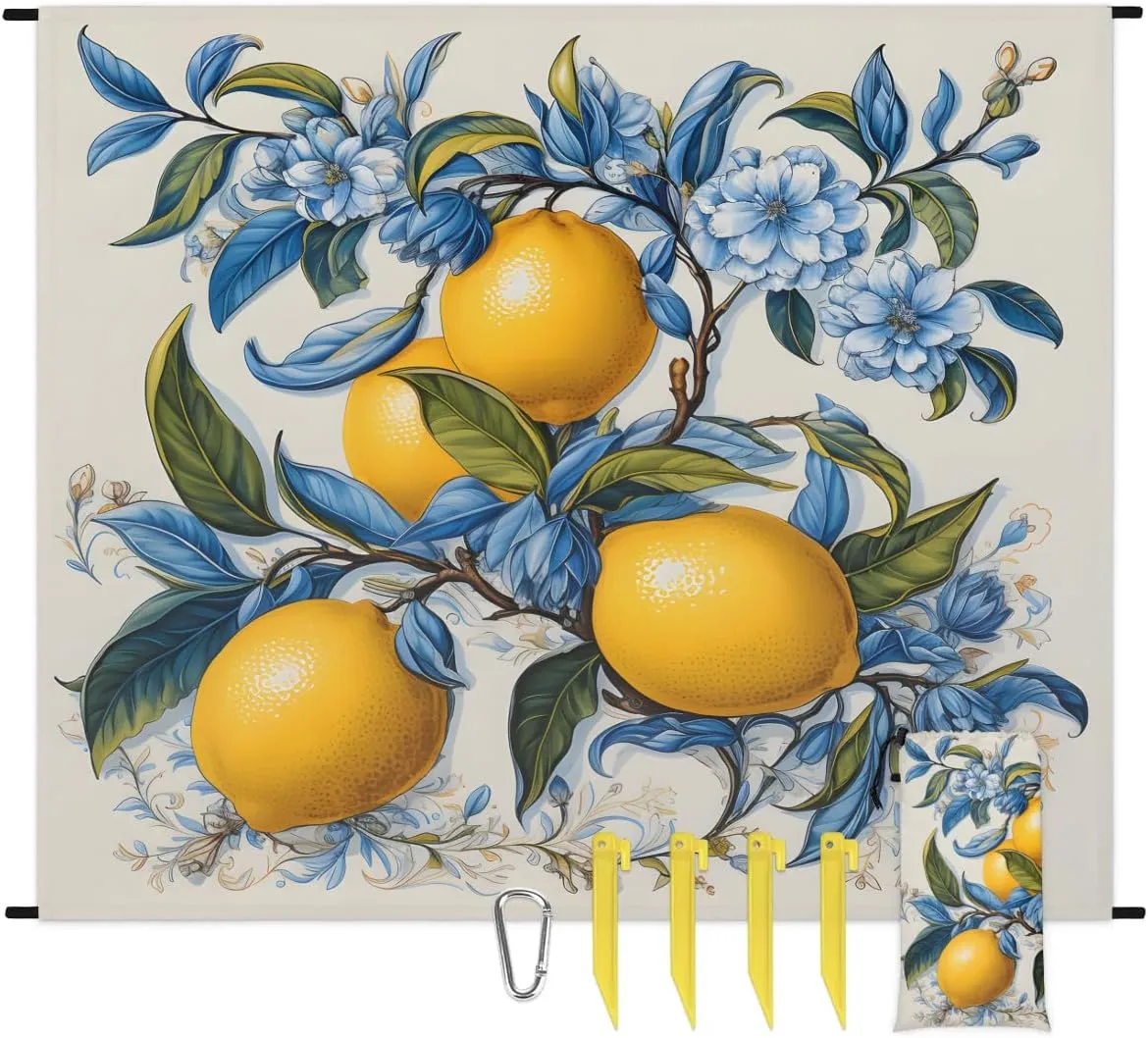 Summer Lemon Beach Blanket, Sandproof Beach Mat, 68 x 59 Waterproof Quick Drying Sand Free Mat with 4 x Ground Spikes for Outdoor Travel Camping Hiking, Lemon Fruit Floral