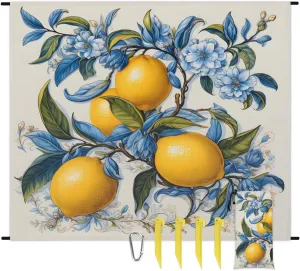 Summer Lemon Beach Blanket, Sandproof Beach Mat, 68 x 59 Waterproof Quick Drying Sand Free Mat with 4 x Ground Spikes for Outdoor Travel Camping Hiking, Lemon Fruit Floral