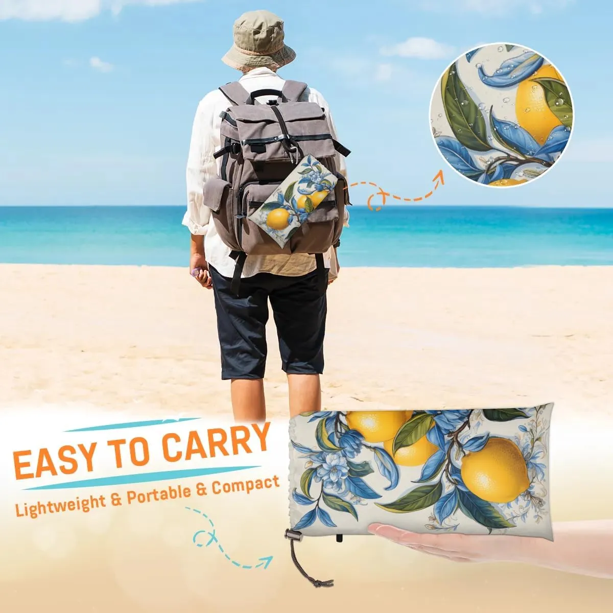 Summer Lemon Beach Blanket, Sandproof Beach Mat, 68 x 59 Waterproof Quick Drying Sand Free Mat with 4 x Ground Spikes for Outdoor Travel Camping Hiking, Lemon Fruit Floral