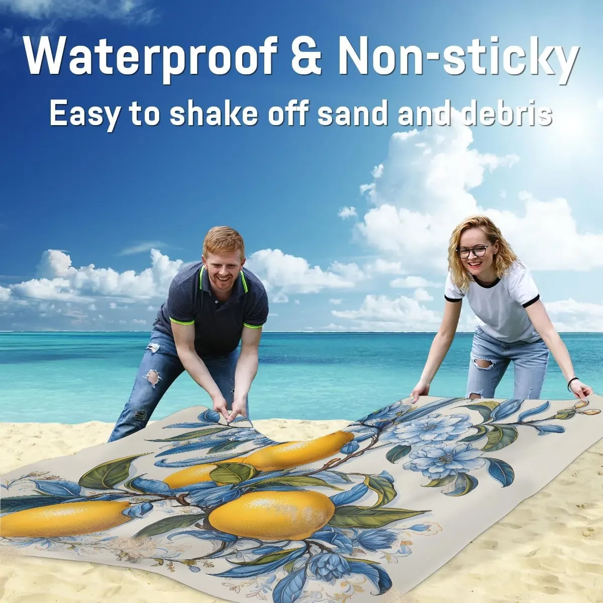 Summer Lemon Beach Blanket, Sandproof Beach Mat, 68 x 59 Waterproof Quick Drying Sand Free Mat with 4 x Ground Spikes for Outdoor Travel Camping Hiking, Lemon Fruit Floral