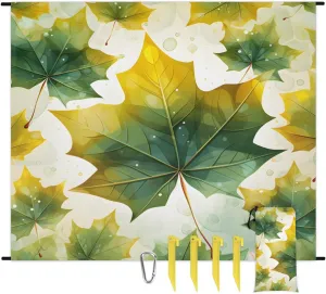 Summer Maple Leaves Beach Blanket, Sandproof Beach Mat, 68 x 59 Waterproof Quick Drying Sand Free Mat with 4 x Ground Spikes for Outdoor Travel Camping Hiking, Maple Leaves