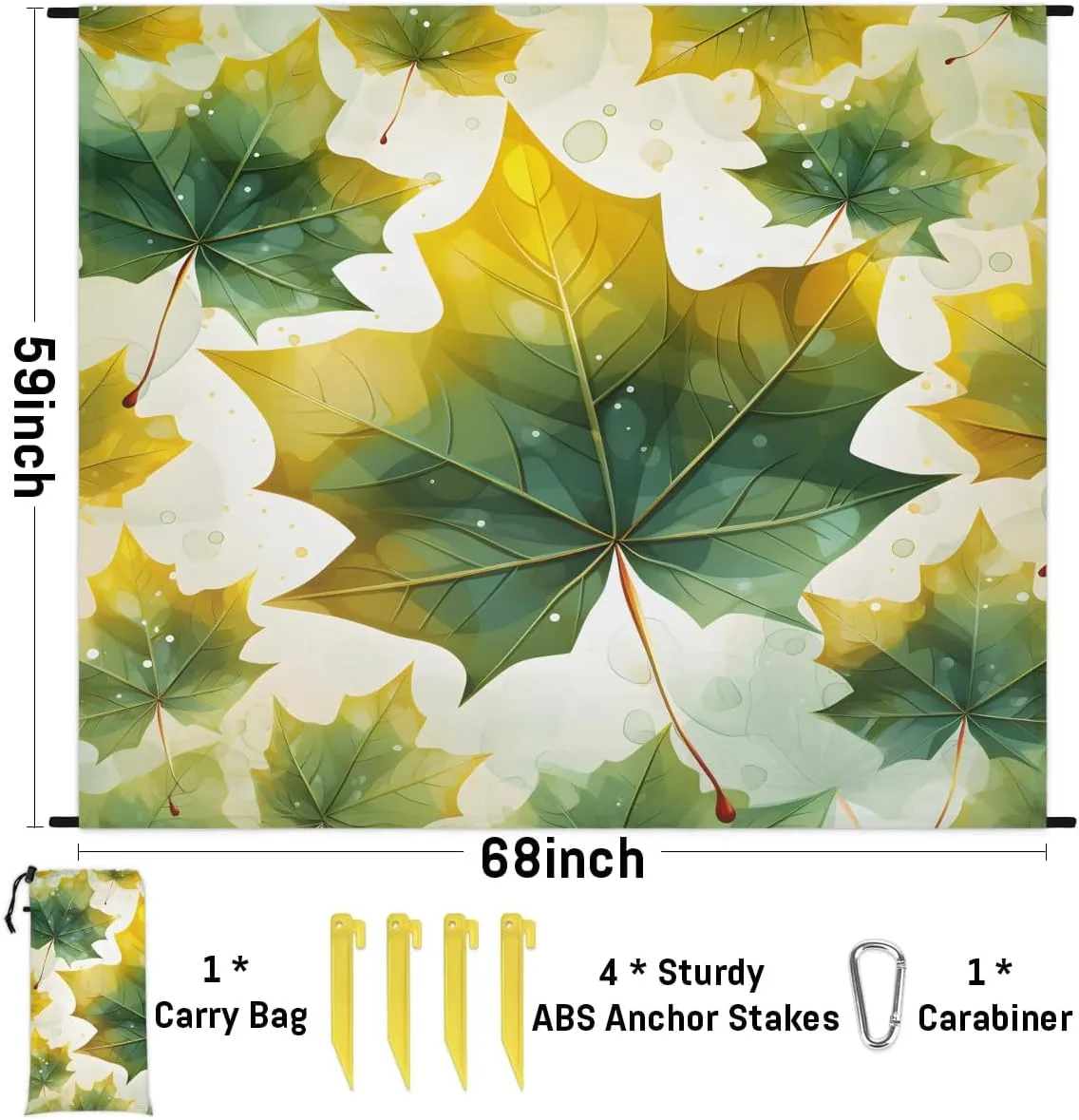 Summer Maple Leaves Beach Blanket, Sandproof Beach Mat, 68 x 59 Waterproof Quick Drying Sand Free Mat with 4 x Ground Spikes for Outdoor Travel Camping Hiking, Maple Leaves