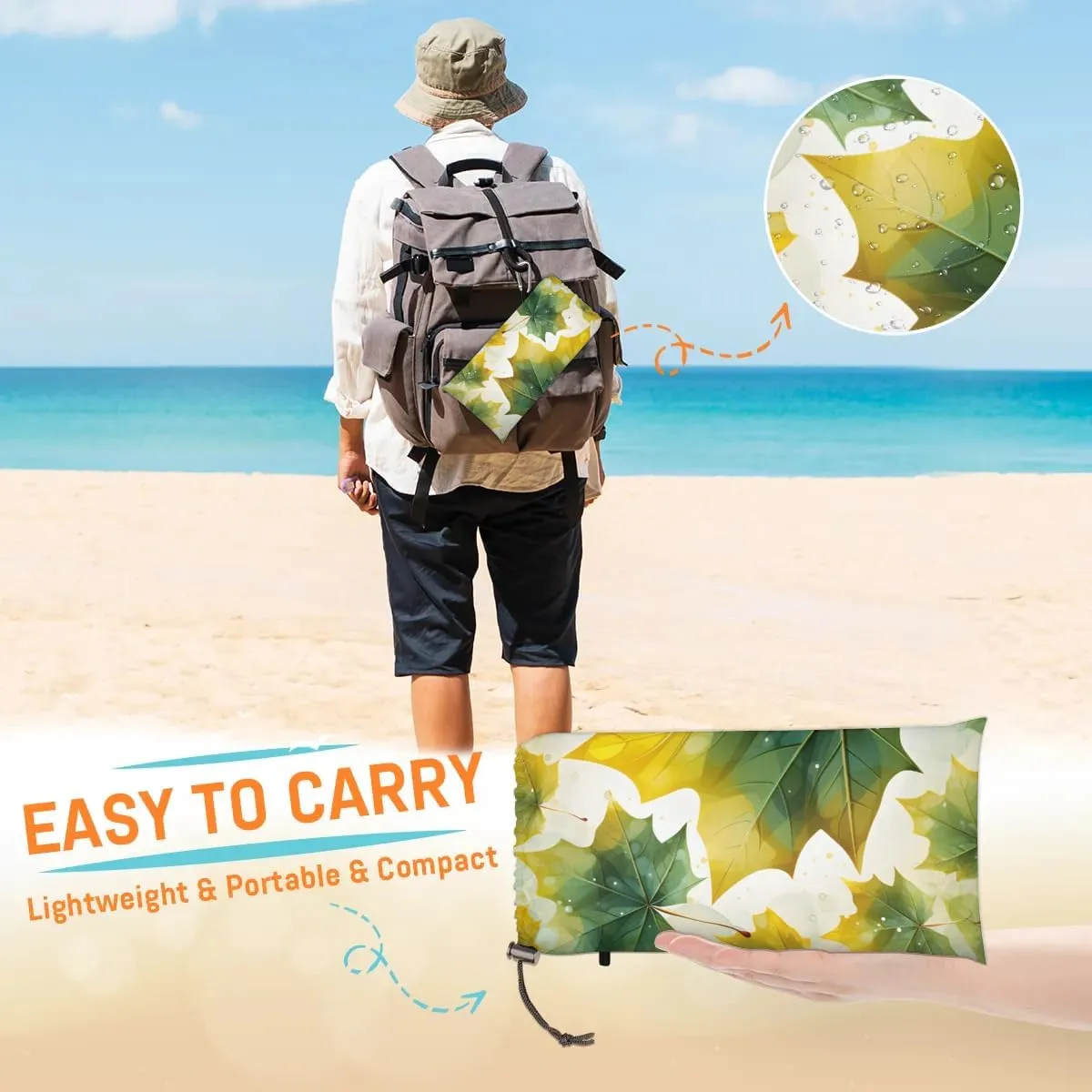Summer Maple Leaves Beach Blanket, Sandproof Beach Mat, 68 x 59 Waterproof Quick Drying Sand Free Mat with 4 x Ground Spikes for Outdoor Travel Camping Hiking, Maple Leaves