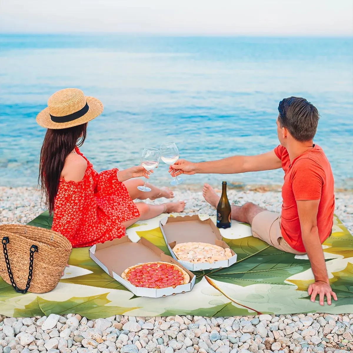 Summer Maple Leaves Beach Blanket, Sandproof Beach Mat, 68 x 59 Waterproof Quick Drying Sand Free Mat with 4 x Ground Spikes for Outdoor Travel Camping Hiking, Maple Leaves